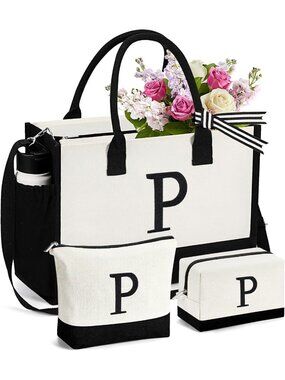 Personalized Embroidered Canvas Tote Bag & 2 Makeup Bags Set - Perfect Birthday